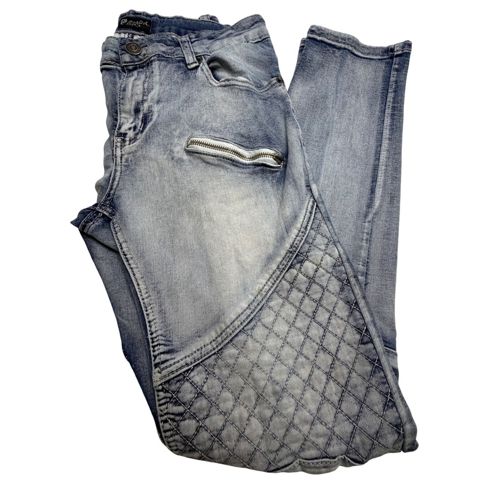 Black Premium Mens Moto Jeans Light Wash Distressed Quilted Zipper 32x32 Slim